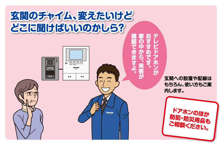 玄関のチャイム、変えたいけどどこに聞けばいいのかしら？ | テレビドアホンがおすすめです。家の中から、来客が確認できますよ。 | 玄関への配置や配線はもちろん、使い方もご案内します。 | ドアホンのほか防犯・防災商品もご相談ください。 